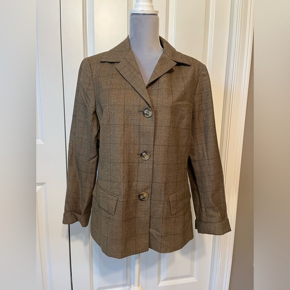 Lafayette 148 New York Brown Tan Plaid Virgin Wool Academy Blazer Jacket size 12 - Picture 1 of 8